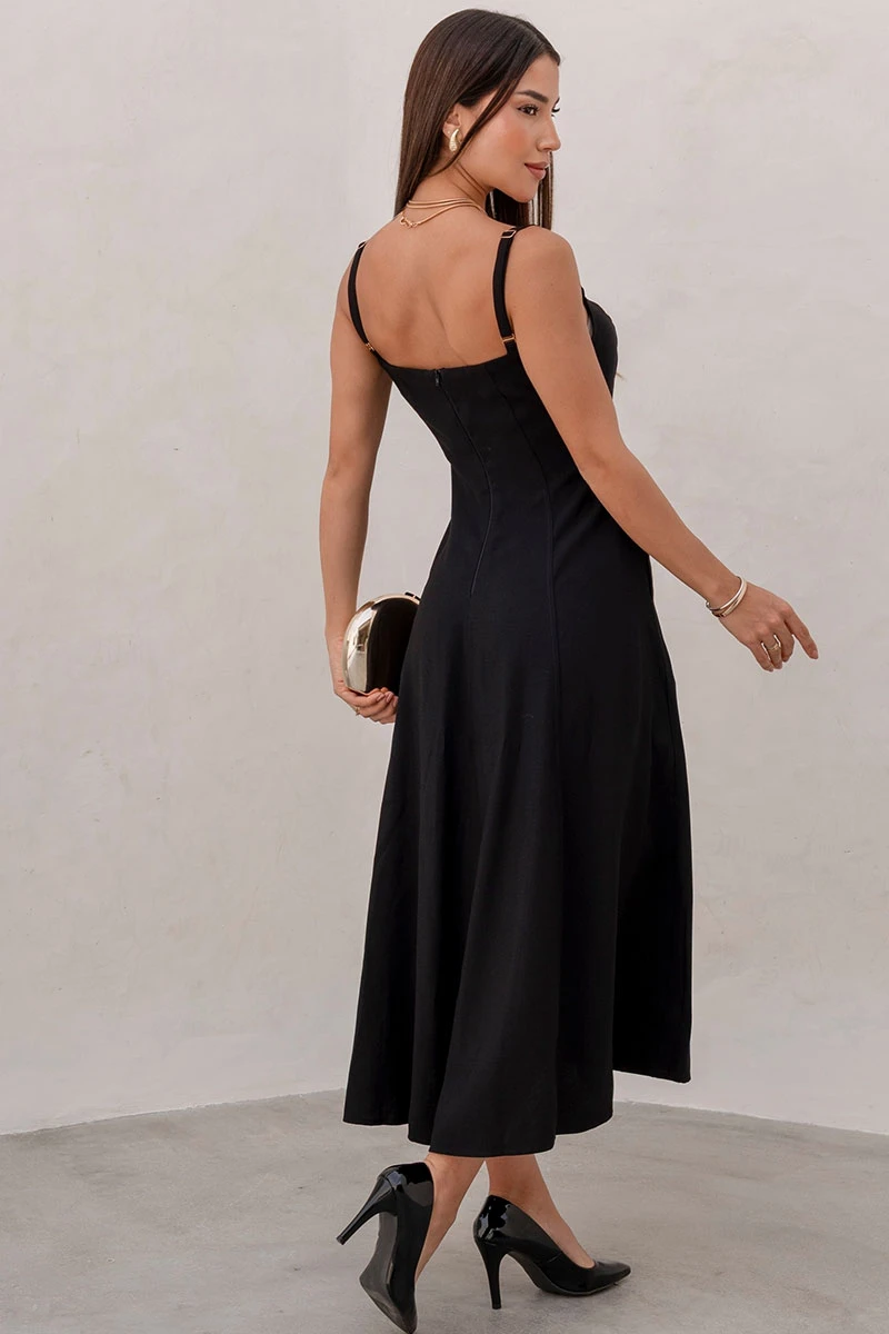 Miss Misses - Black Dress with V-Neckline and Straps, Metal Detail on the Front - 54621001 Miss Misses - Black Dress with V-Neckline and Straps, Metal Detail on the Front - 54621001
