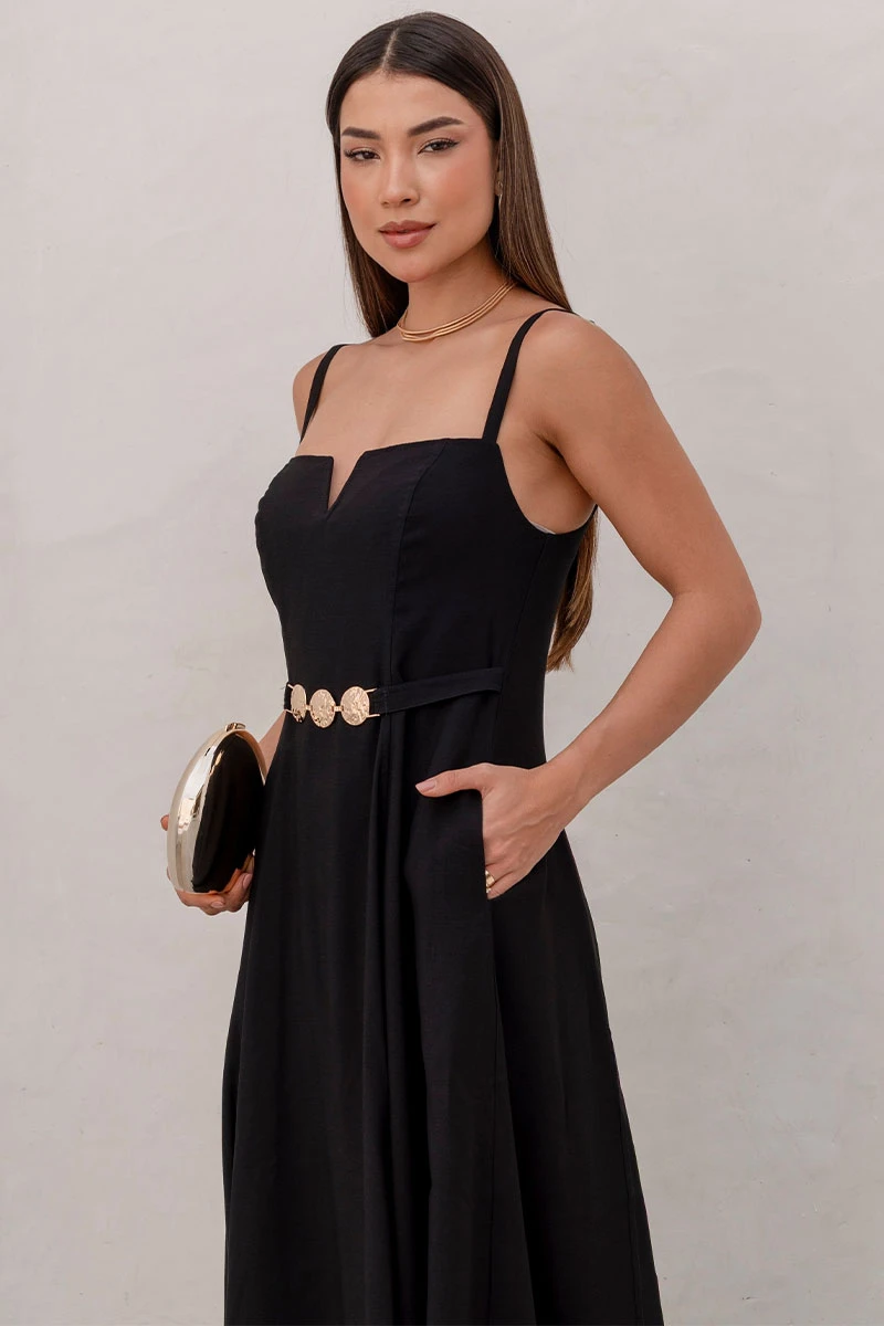 Miss Misses - Black Dress with V-Neckline and Straps, Metal Detail on the Front - 54621001 Miss Misses - Black Dress with V-Neckline and Straps, Metal Detail on the Front - 54621001