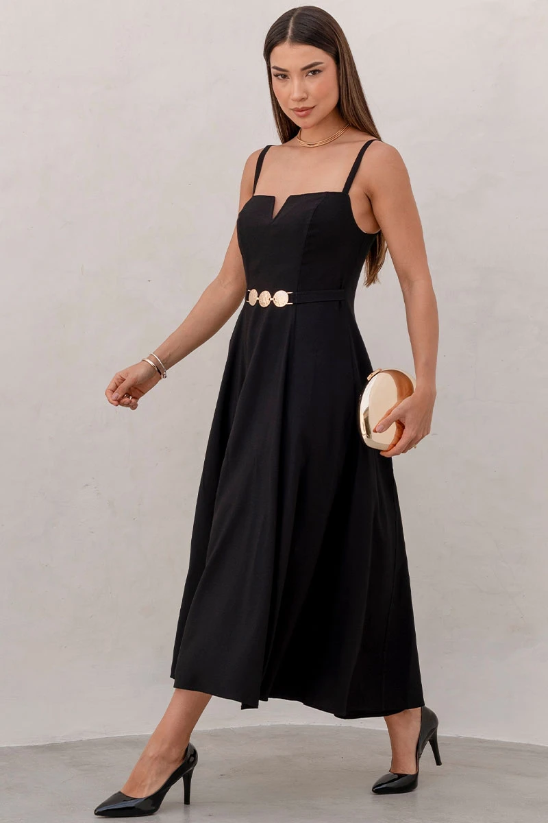 Miss Misses - Black Dress with V-Neckline and Straps, Metal Detail on the Front - 54621001 Miss Misses - Black Dress with V-Neckline and Straps, Metal Detail on the Front - 54621001