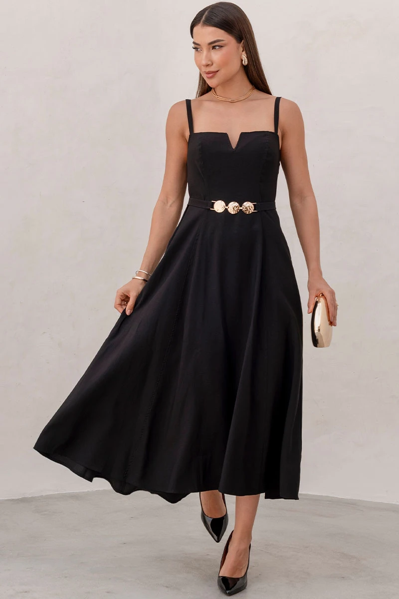 Miss Misses - Black Dress with V-Neckline and Straps, Metal Detail on the Front - 54621001