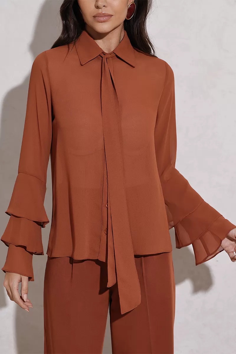 Dot Clothing - Shirt Dot Clothing Frill Sleeve Brown - 2792MARROM Dot Clothing - Shirt Dot Clothing Frill Sleeve Brown - 2792MARROM