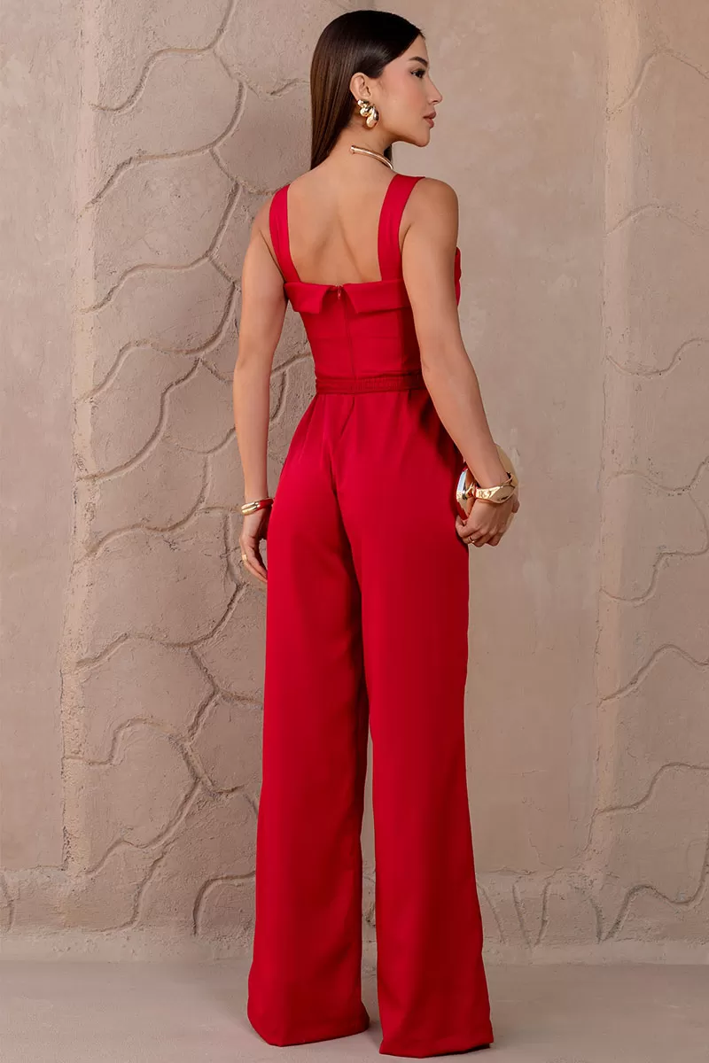 Miss Misses - Kesia Long Jumpsuit with Red Belt Detail - 5463424