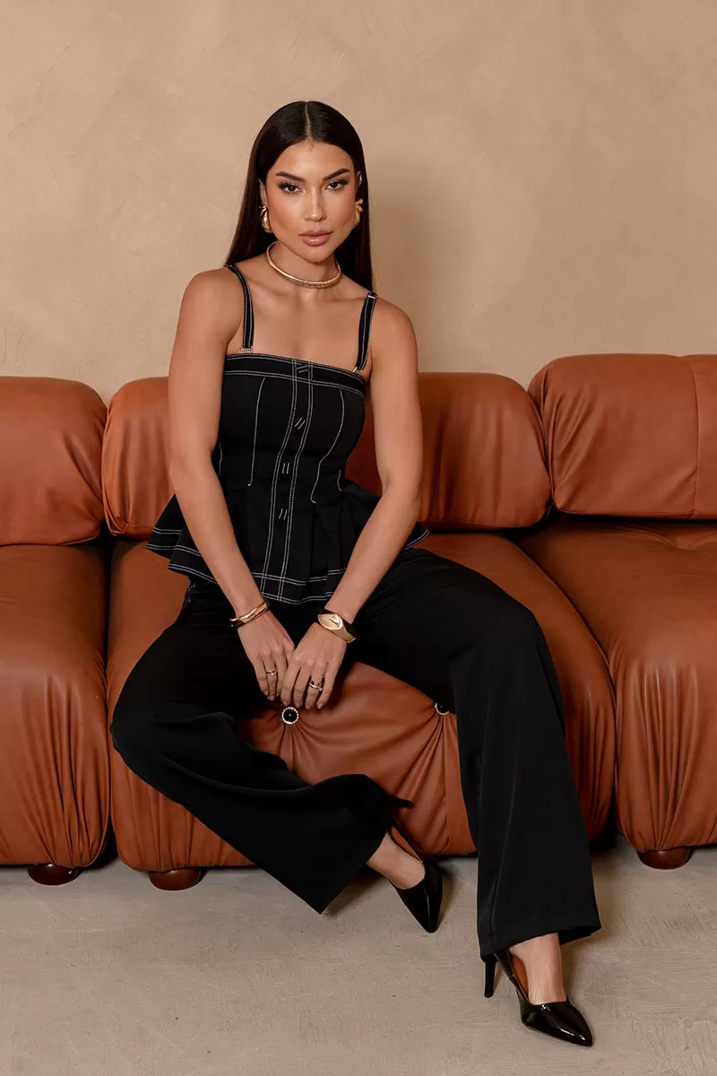Miss Misses - Lais Pants Set with Shirt and Black Stitching Detail - 54629001 Miss Misses - Lais Pants Set with Shirt and Black Stitching Detail - 54629001