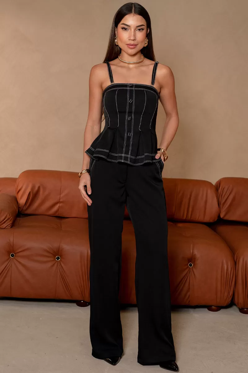 Miss Misses - Lais Pants Set with Shirt and Black Stitching Detail - 54629001 Miss Misses - Lais Pants Set with Shirt and Black Stitching Detail - 54629001