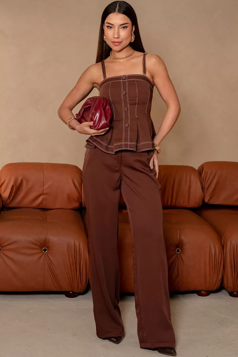 Miss Misses - Lais Pants Set with Shirt and Brown Stitching Detail - 54629214