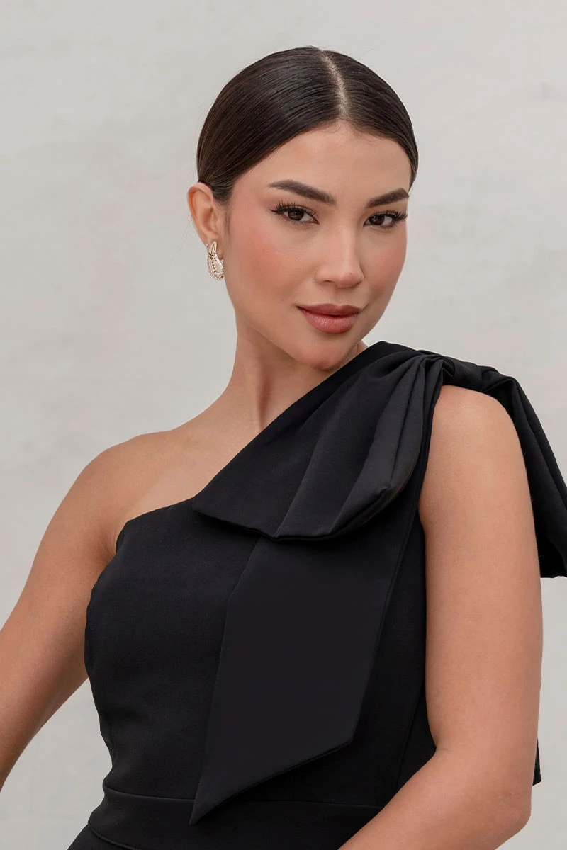 Miss Misses - Iris One Shoulder Dress with Bow and Side Zipper Black - 54640001 Miss Misses - Iris One Shoulder Dress with Bow and Side Zipper Black - 54640001