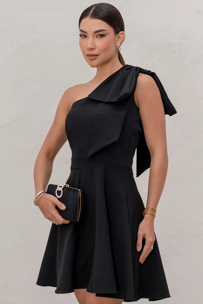 Miss Misses - Iris One Shoulder Dress with Bow and Side Zipper Black - 54640001 Miss Misses - Iris One Shoulder Dress with Bow and Side Zipper Black - 54640001