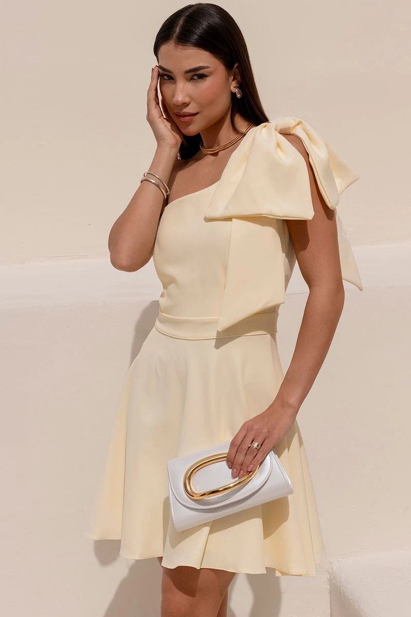 Miss Misses - Iris Off Shoulder Dress with Bow and Side Zipper in Yellow - 54640003