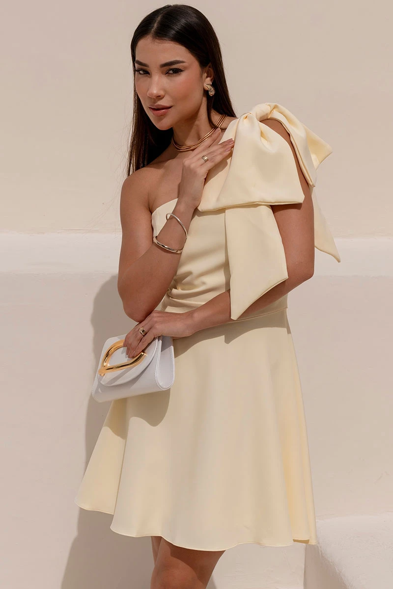 Miss Misses - Iris Off Shoulder Dress with Bow and Side Zipper in Yellow - 54640003