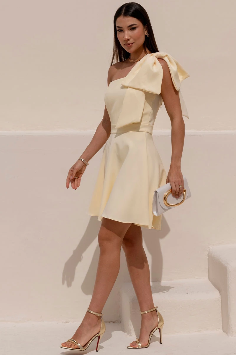 Miss Misses - Iris Off Shoulder Dress with Bow and Side Zipper in Yellow - 54640003