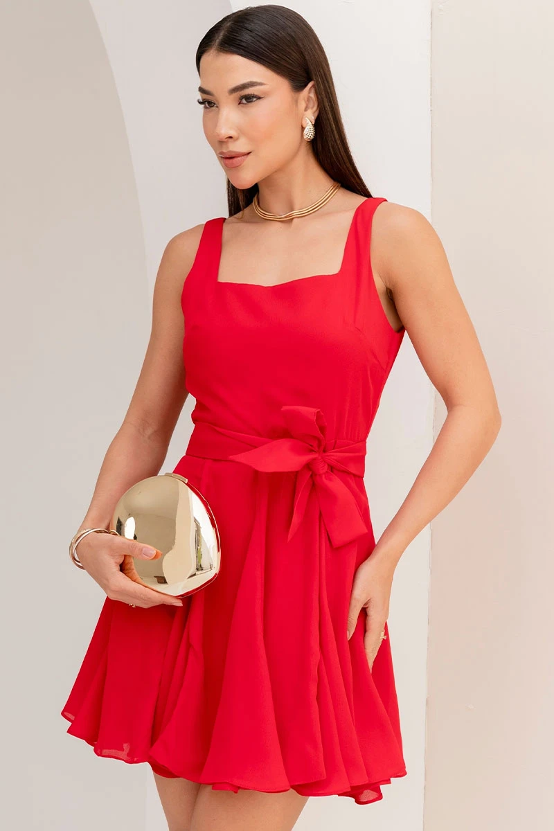 Miss Misses - Odete Short Crepe Dress with Cutout and Red Band - 54642024