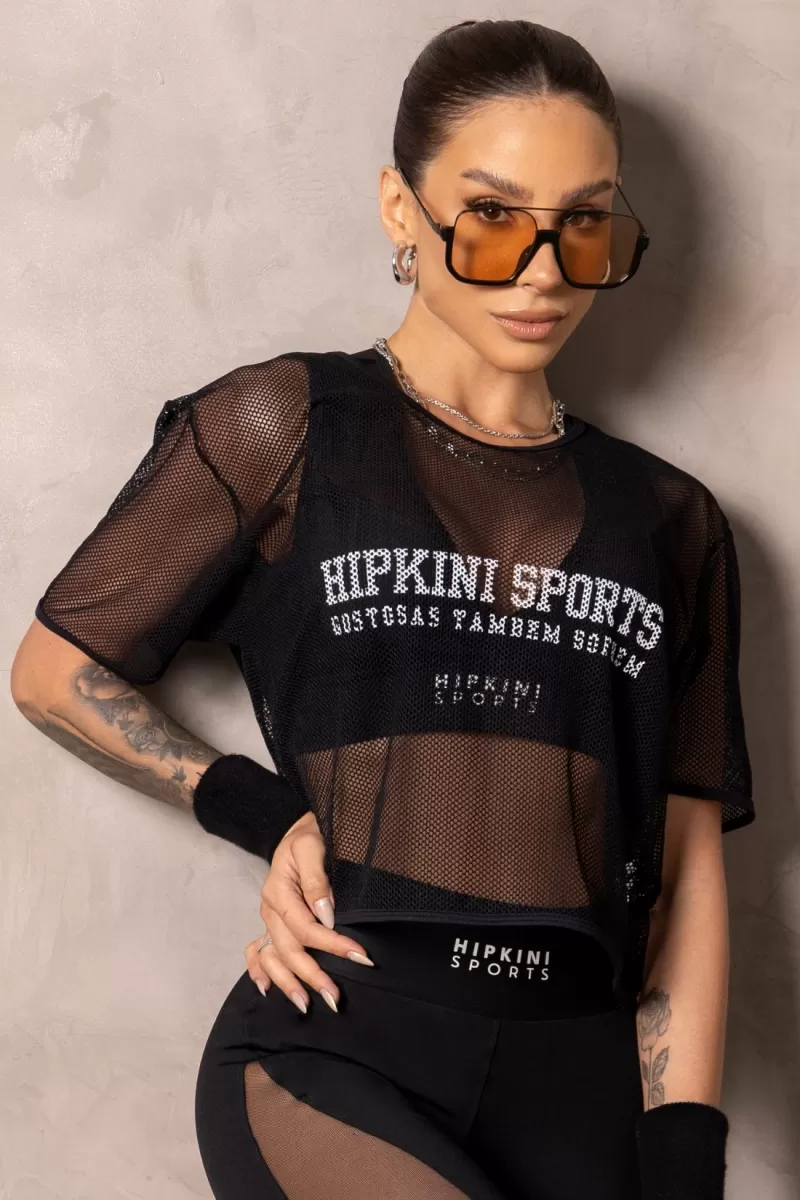 Hipkini - Cropped Smash Black fitness shirt with silk - 33331258