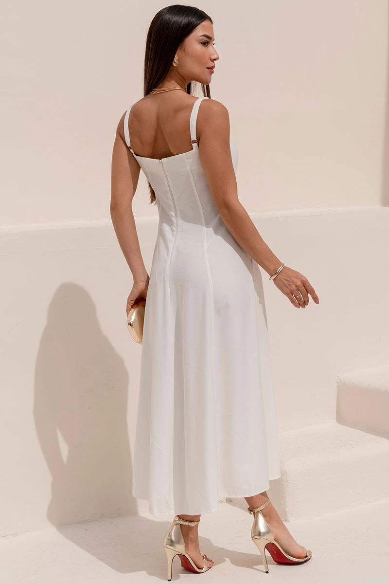 Miss Misses - Off-White Dress with V-Neckline and Straps, Metal Detail on the Front - 54621030 Miss Misses - Off-White Dress with V-Neckline and Straps, Metal Detail on the Front - 54621030