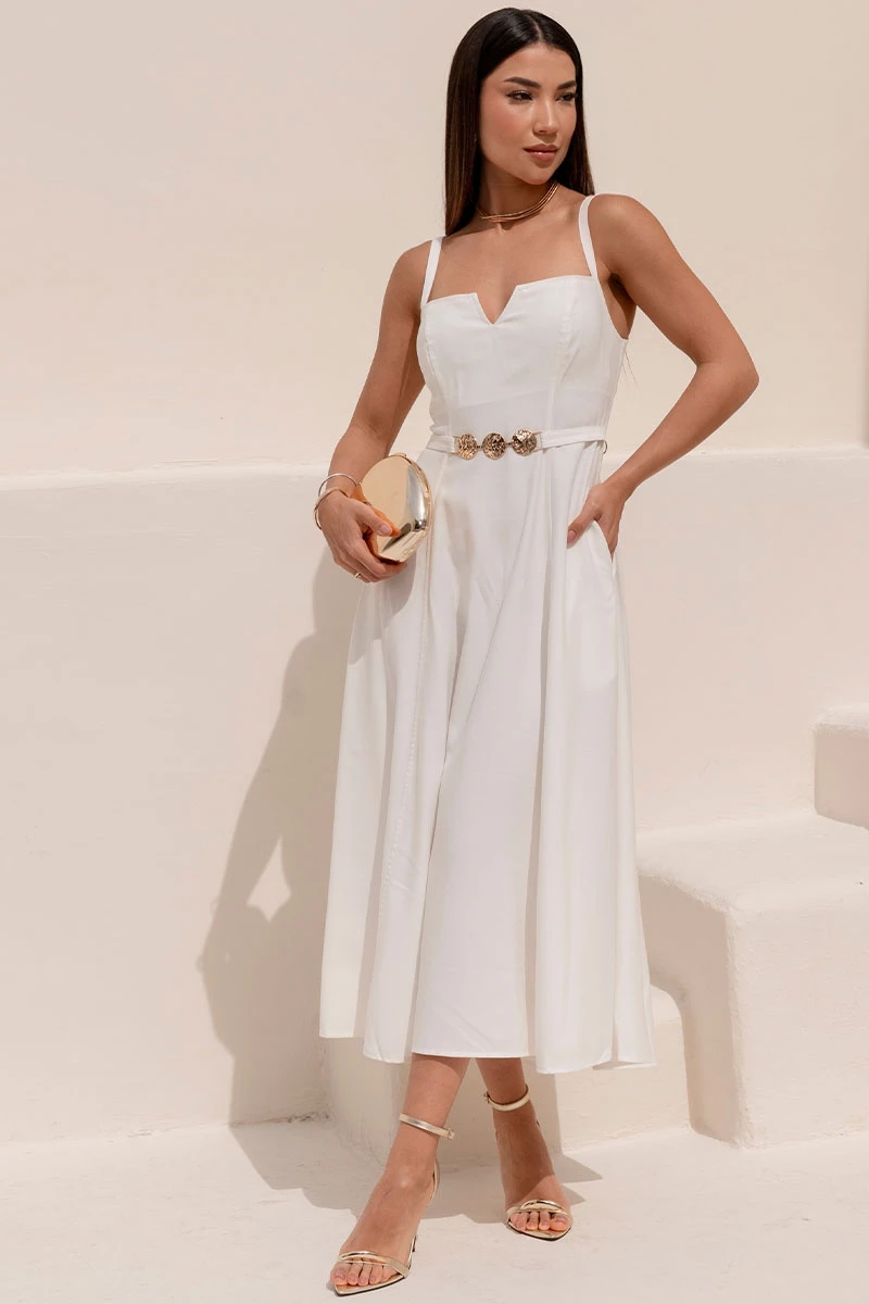 Miss Misses - Off-White Dress with V-Neckline and Straps, Metal Detail on the Front - 54621030 Miss Misses - Off-White Dress with V-Neckline and Straps, Metal Detail on the Front - 54621030