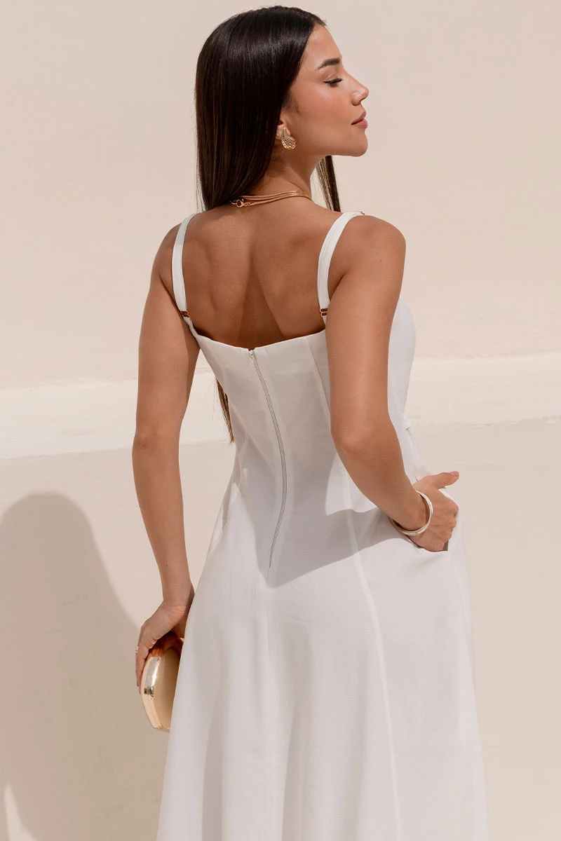 Miss Misses - Off-White Dress with V-Neckline and Straps, Metal Detail on the Front - 54621030 Miss Misses - Off-White Dress with V-Neckline and Straps, Metal Detail on the Front - 54621030