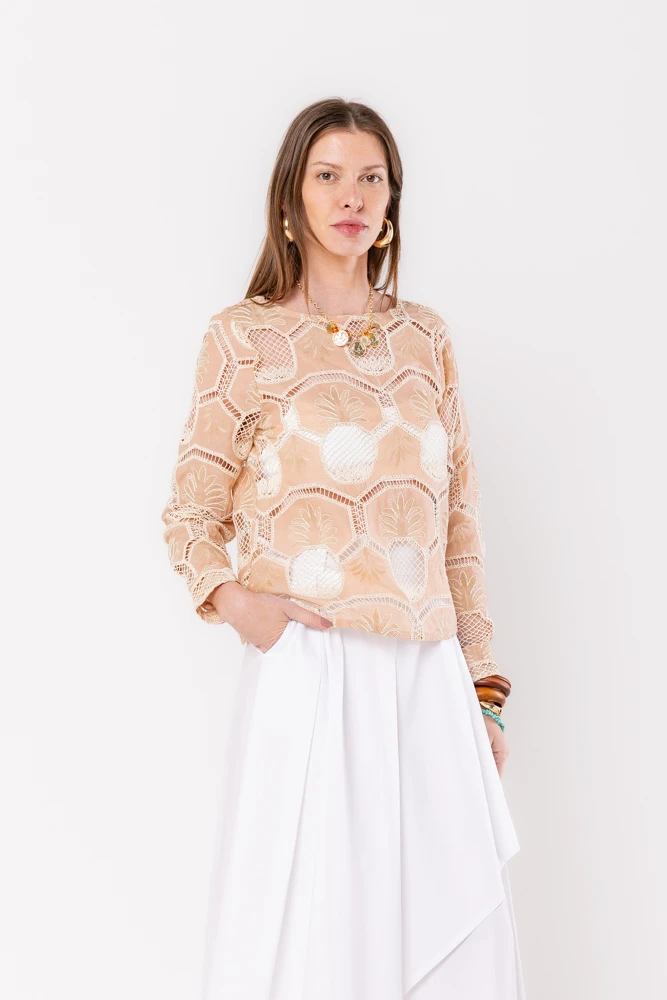 Hidrogênio - BEIGE PINEAPPLE EMBROIDERED LONG SLEEVE BLOUSE - 20514003 Hidrogênio - BEIGE PINEAPPLE EMBROIDERED LONG SLEEVE BLOUSE - 20514003