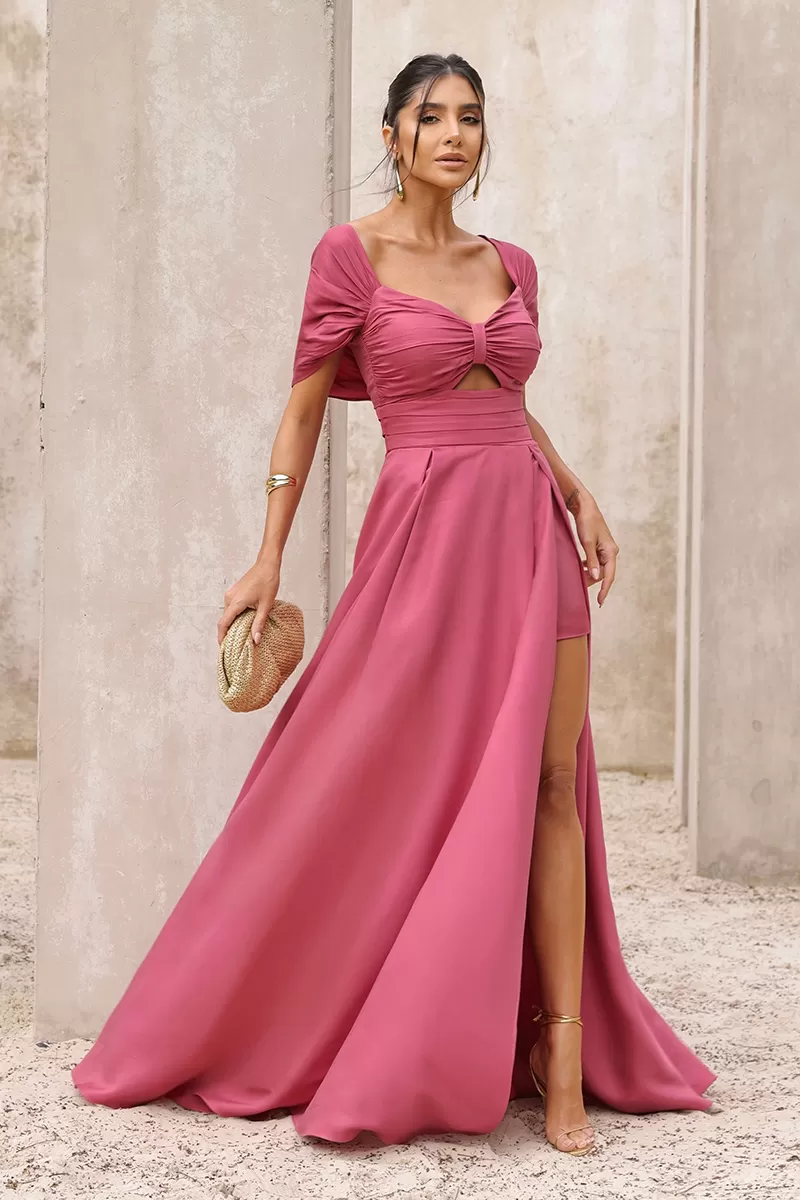 Dot Clothing - Dot Clothing Satin Dress with Pink Slit - 2797ROSA Dot Clothing - Dot Clothing Satin Dress with Pink Slit - 2797ROSA