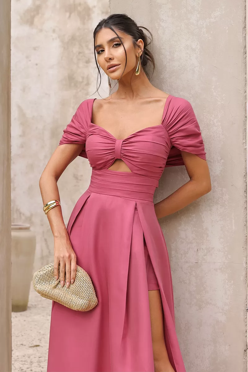 Dot Clothing - Dot Clothing Satin Dress with Pink Slit - 2797ROSA Dot Clothing - Dot Clothing Satin Dress with Pink Slit - 2797ROSA