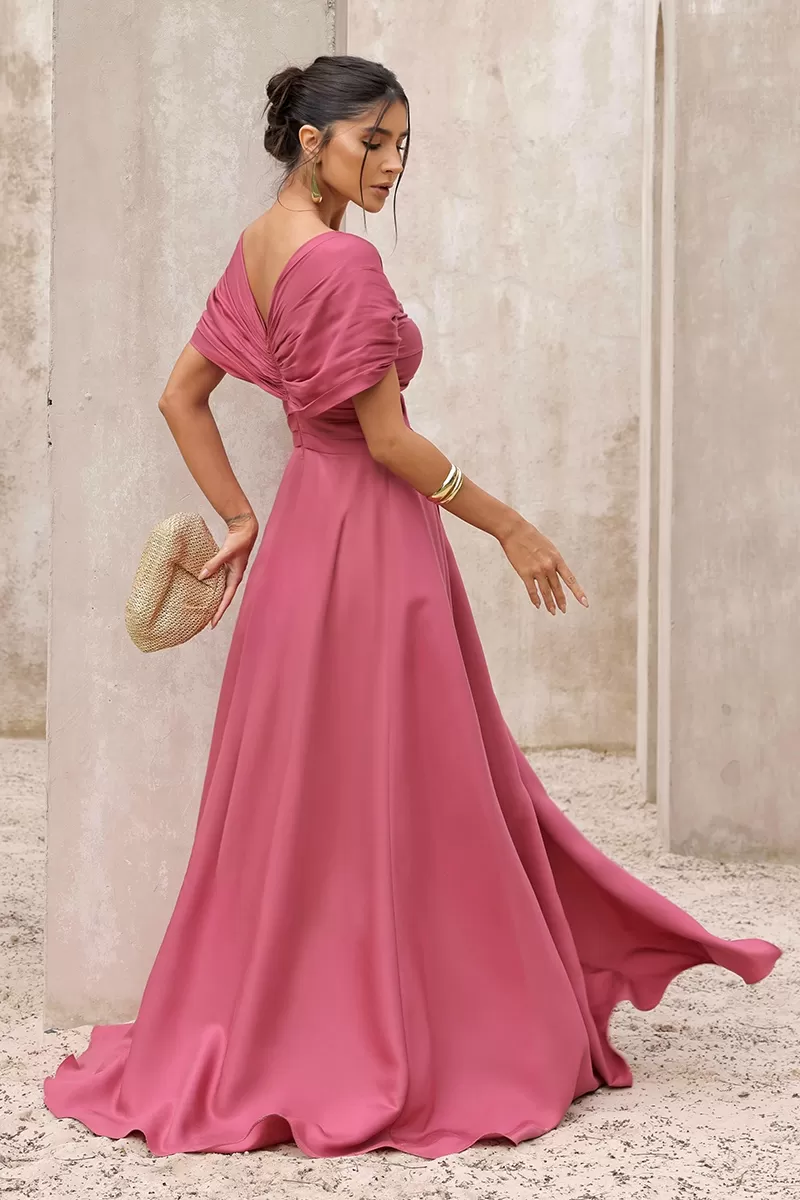 Dot Clothing - Dot Clothing Satin Dress with Pink Slit - 2797ROSA Dot Clothing - Dot Clothing Satin Dress with Pink Slit - 2797ROSA