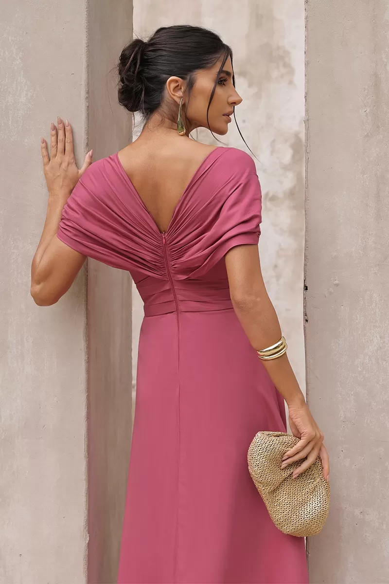 Dot Clothing - Dot Clothing Satin Dress with Pink Slit - 2797ROSA Dot Clothing - Dot Clothing Satin Dress with Pink Slit - 2797ROSA