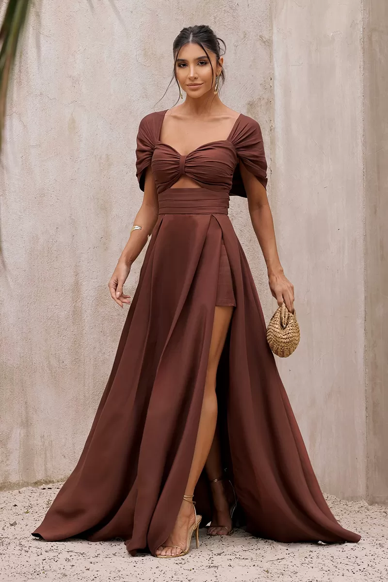Dot Clothing - Dot Clothing Satin Dress with Brown Slit - 2797MARROM Dot Clothing - Dot Clothing Satin Dress with Brown Slit - 2797MARROM