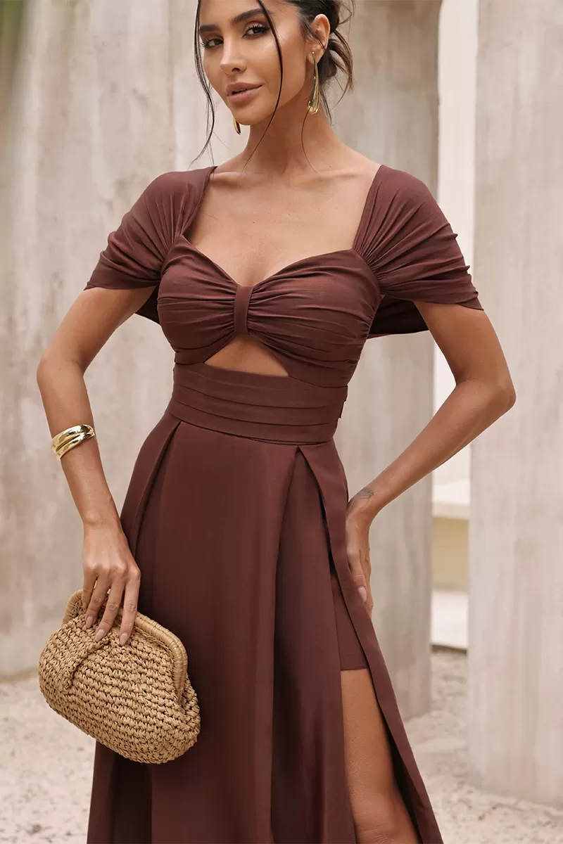 Dot Clothing - Dot Clothing Satin Dress with Brown Slit - 2797MARROM Dot Clothing - Dot Clothing Satin Dress with Brown Slit - 2797MARROM