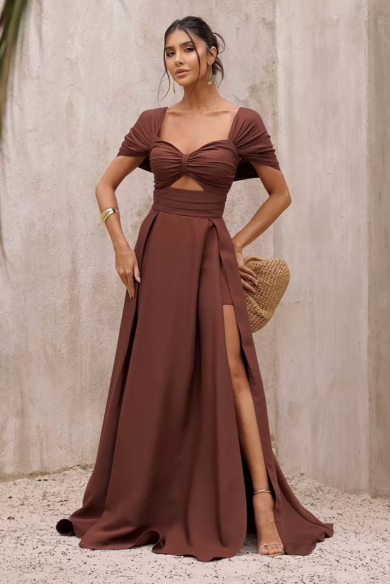 Dot Clothing - Dot Clothing Satin Dress with Brown Slit - 2797MARROM Dot Clothing - Dot Clothing Satin Dress with Brown Slit - 2797MARROM
