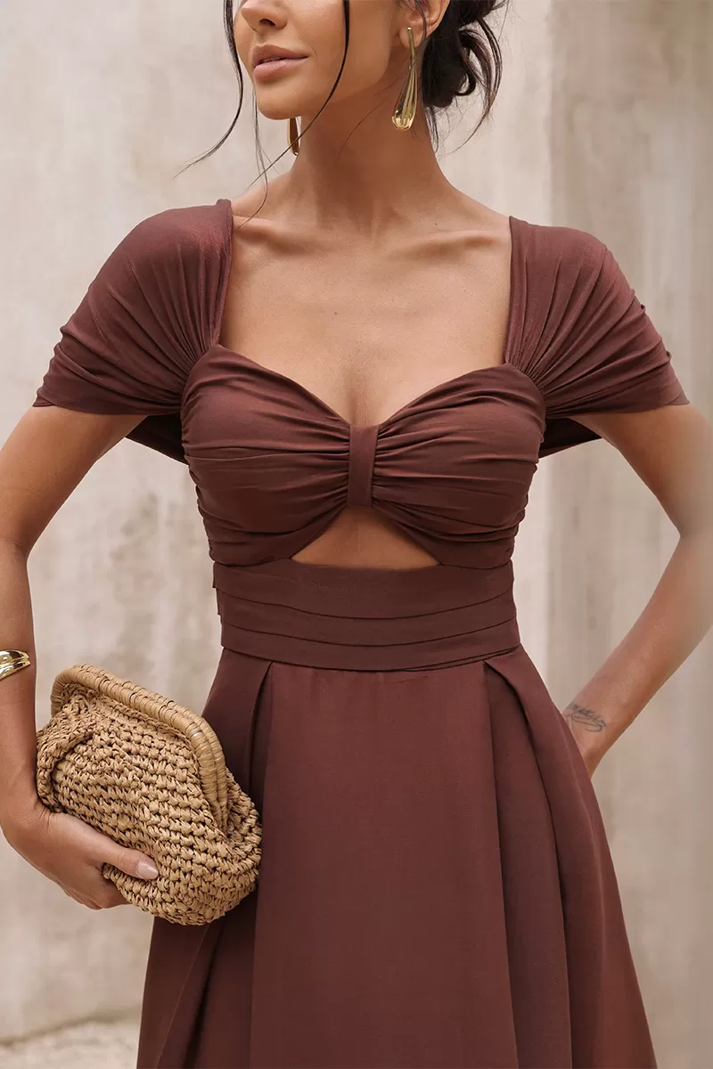 Dot Clothing - Dot Clothing Satin Dress with Brown Slit - 2797MARROM Dot Clothing - Dot Clothing Satin Dress with Brown Slit - 2797MARROM