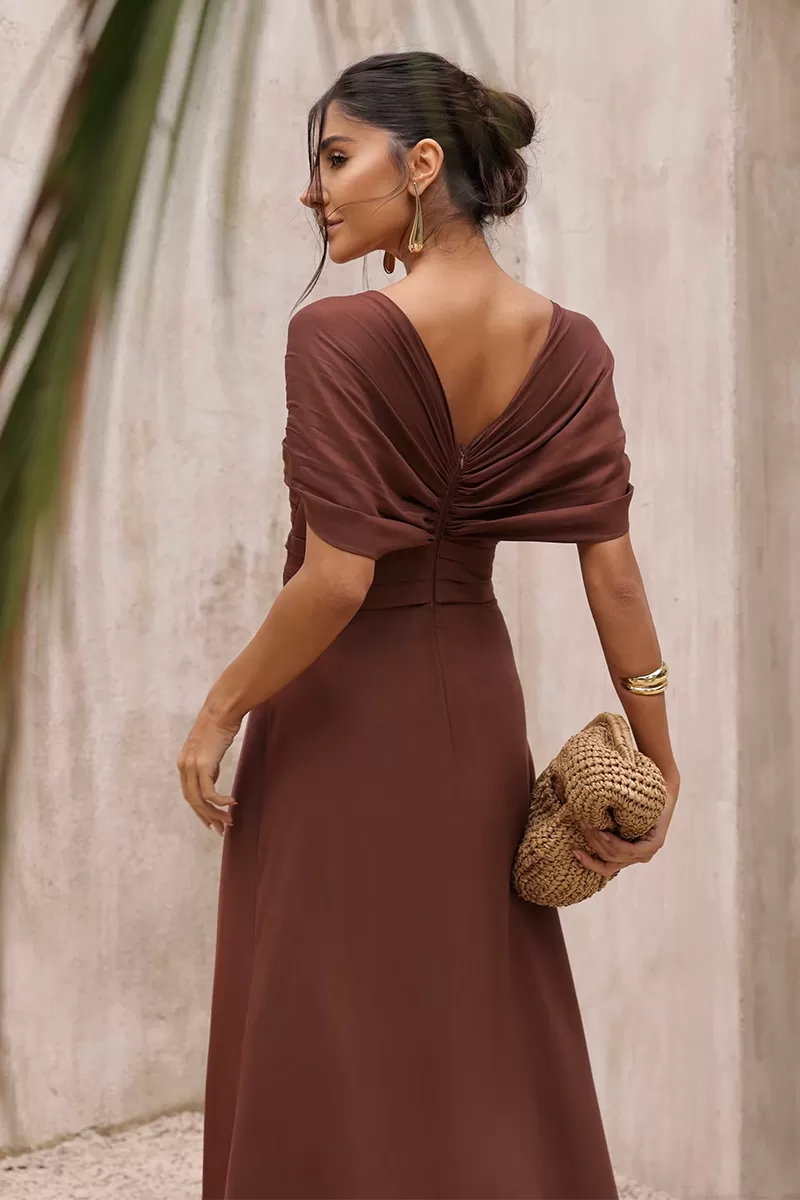 Dot Clothing - Dot Clothing Satin Dress with Brown Slit - 2797MARROM Dot Clothing - Dot Clothing Satin Dress with Brown Slit - 2797MARROM