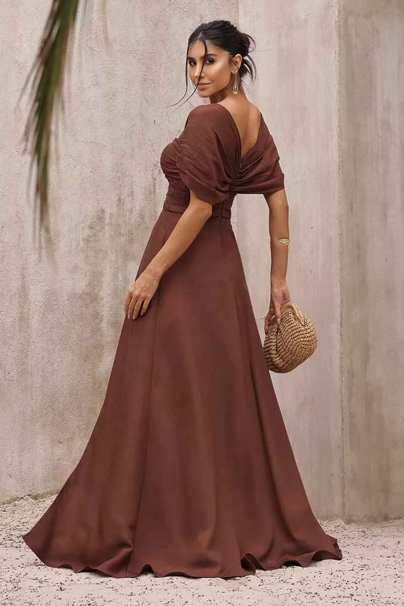 Dot Clothing - Dot Clothing Satin Dress with Brown Slit - 2797MARROM Dot Clothing - Dot Clothing Satin Dress with Brown Slit - 2797MARROM