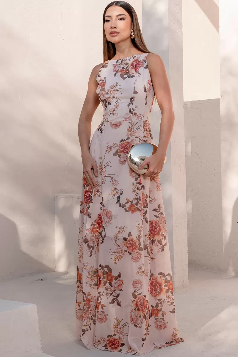 Miss Misses - Mirela Crepe Printed Long Beige Dress - 54643215