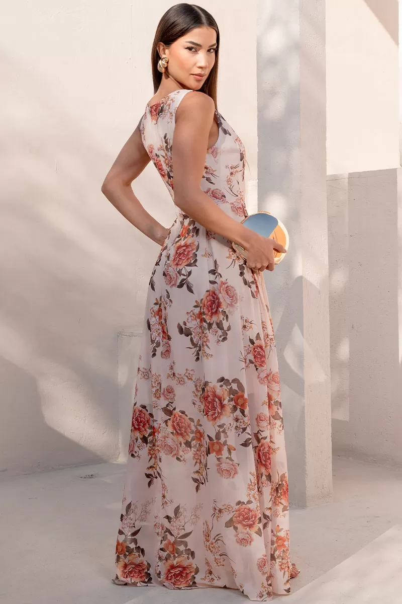Miss Misses - Mirela Crepe Printed Long Beige Dress - 54643215