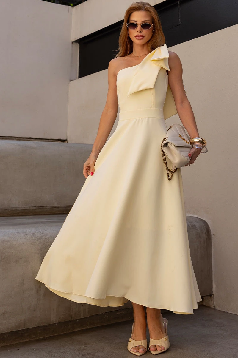 Miss Misses - Glaucia One Shoulder Dress with Yellow Bow - 54625003 Miss Misses - Glaucia One Shoulder Dress with Yellow Bow - 54625003