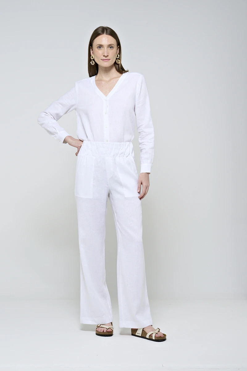 Hidrogênio - VALERIA WHITE LINEN STRAIGHT PANTS WITH STITCHING - 20541002 Hidrogênio - VALERIA WHITE LINEN STRAIGHT PANTS WITH STITCHING - 20541002