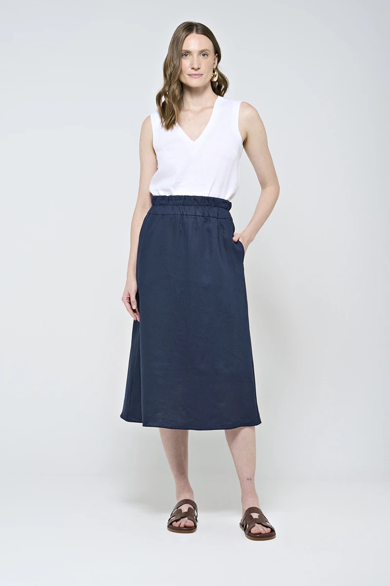 Hidrogênio - NAVY LINEN MIDI SKIRT - 20561004 Hidrogênio - NAVY LINEN MIDI SKIRT - 20561004