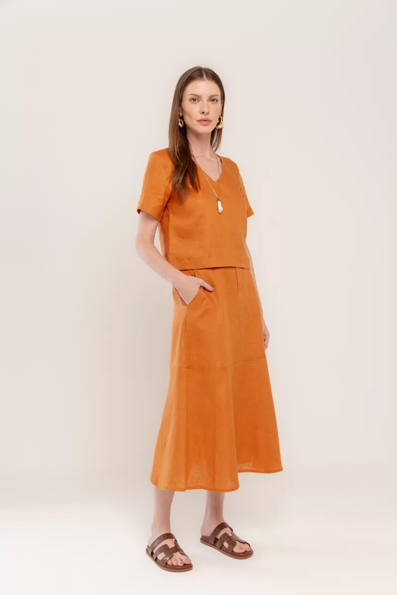 Hidrogênio - GUARANA LINEN MIDI SKIRT WITH WHITE RING - 20447573 Hidrogênio - GUARANA LINEN MIDI SKIRT WITH WHITE RING - 20447573