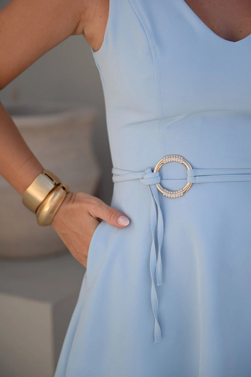 Miss Misses - Luiza Dress with VC Neckline/Belt Detail in Blue - 54633002 Miss Misses - Luiza Dress with VC Neckline/Belt Detail in Blue - 54633002