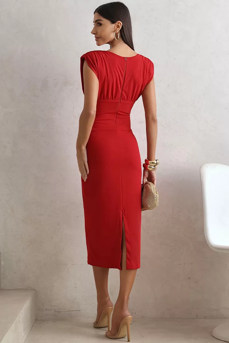 Miss Misses - Ines Midi Dress with V-Neckline and Ruffled Waist in Red - 54647024 Miss Misses - Ines Midi Dress with V-Neckline and Ruffled Waist in Red - 54647024