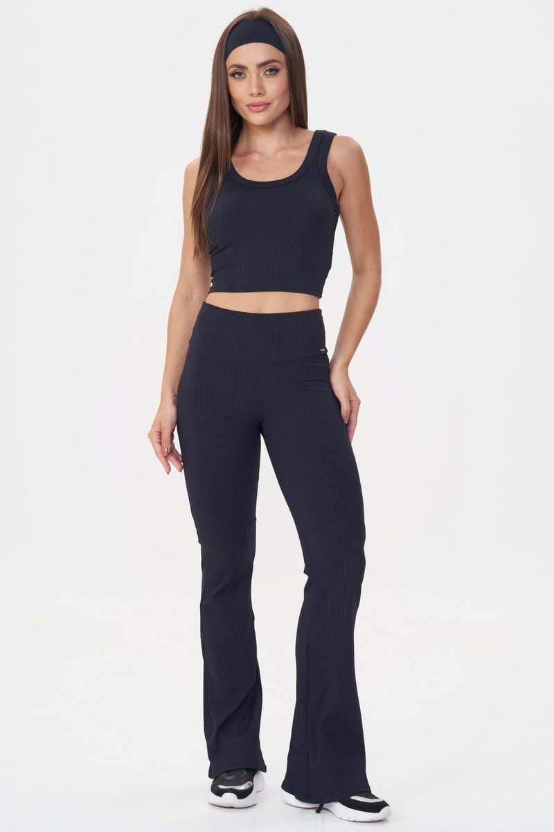 Lets Gym - Black Comfort Rib Flare Pants - 2987PT