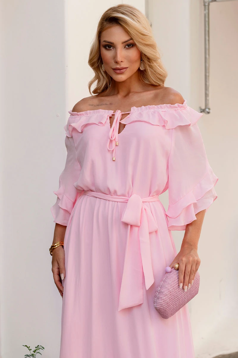 Miss Misses - Lilian Long Crepe Dress with Pink Belt - 54655060