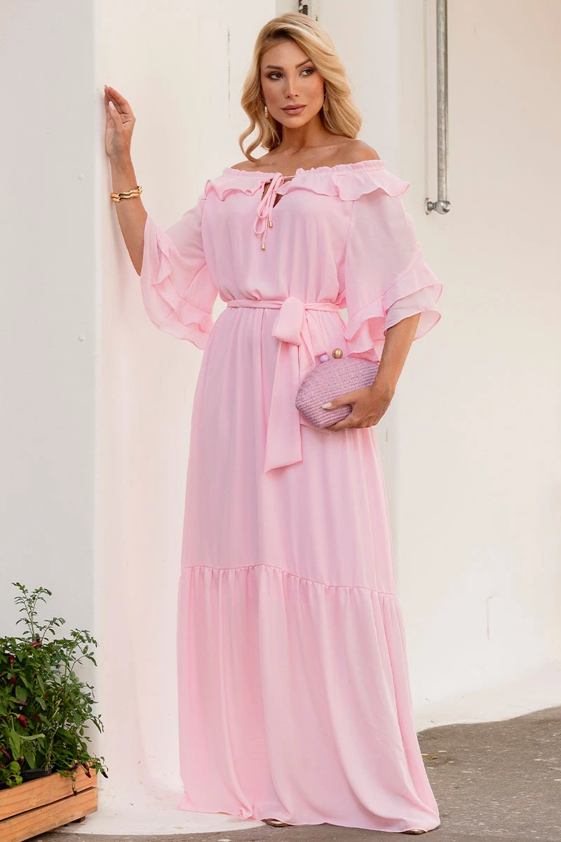 Miss Misses - Lilian Long Crepe Dress with Pink Belt - 54655060