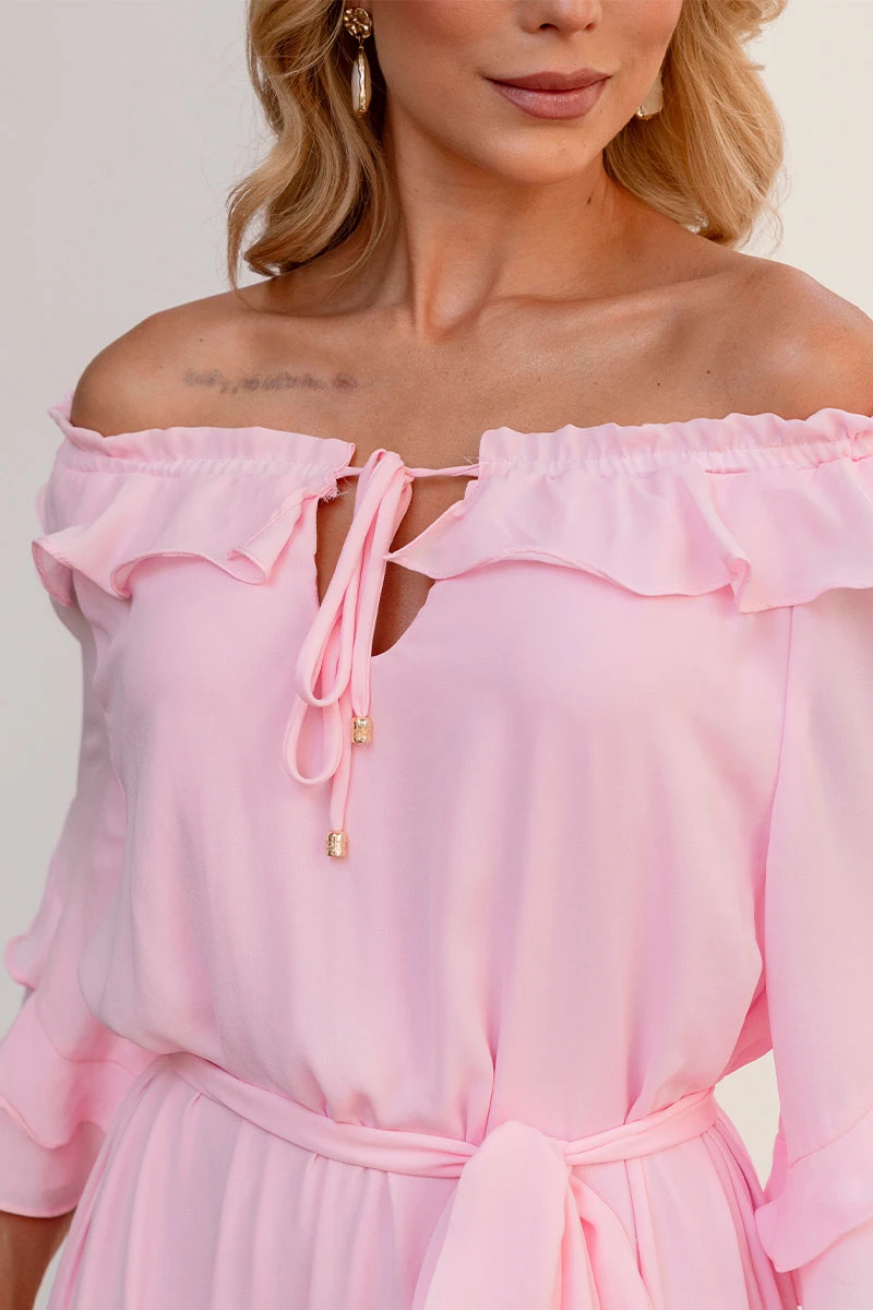 Miss Misses - Lilian Long Crepe Dress with Pink Belt - 54655060