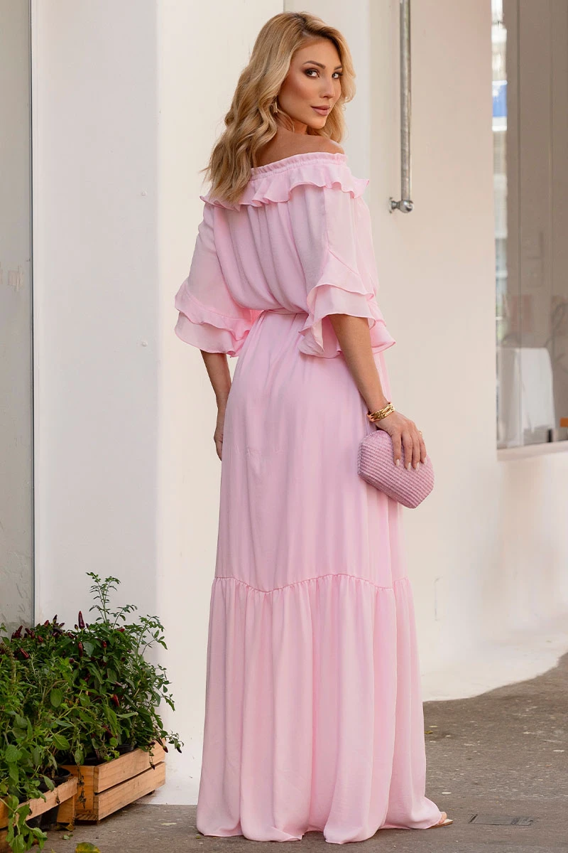 Miss Misses - Lilian Long Crepe Dress with Pink Belt - 54655060