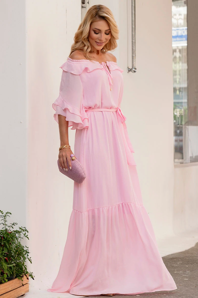 Miss Misses - Lilian Long Crepe Dress with Pink Belt - 54655060