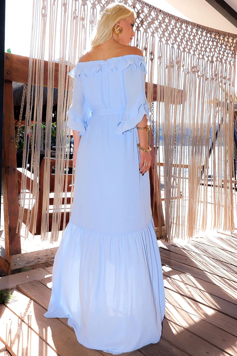 Miss Misses - Lilian Long Crepe Dress with Blue Belt - 54655002 Miss Misses - Lilian Long Crepe Dress with Blue Belt - 54655002