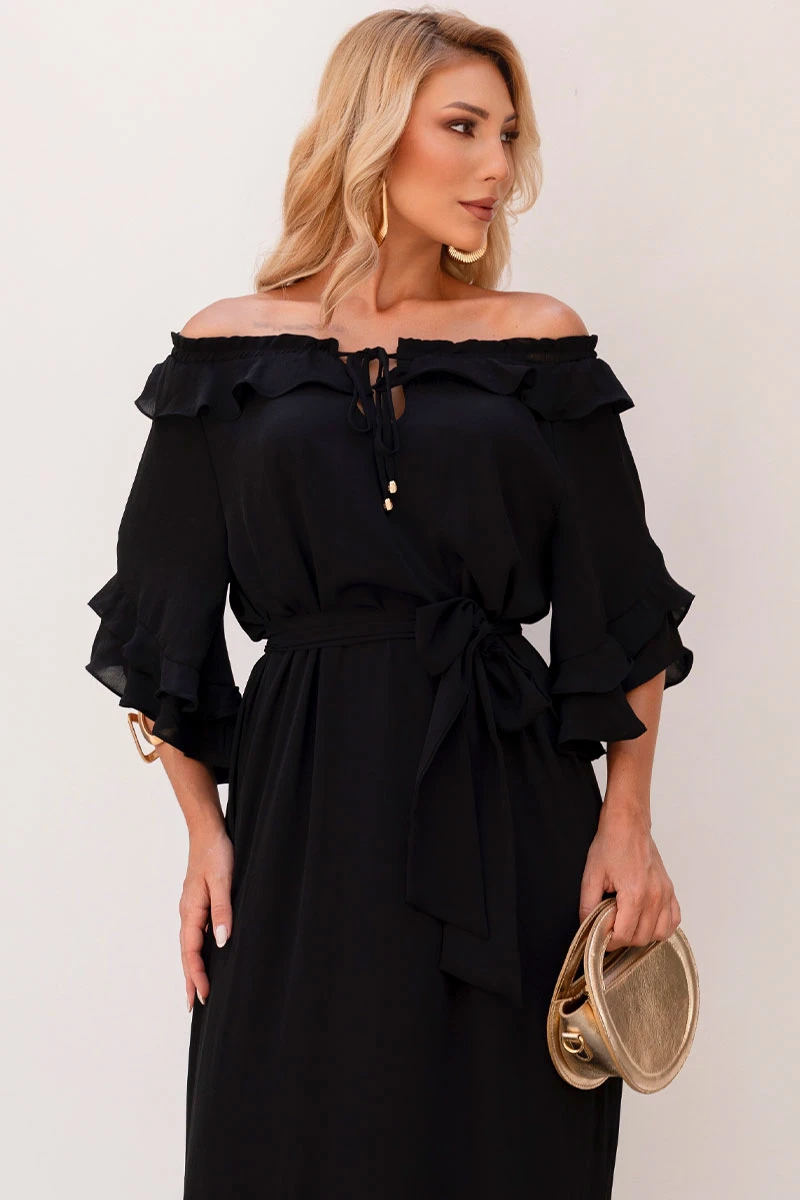 Miss Misses - Lilian Long Crepe Dress with Black Belt - 54655001