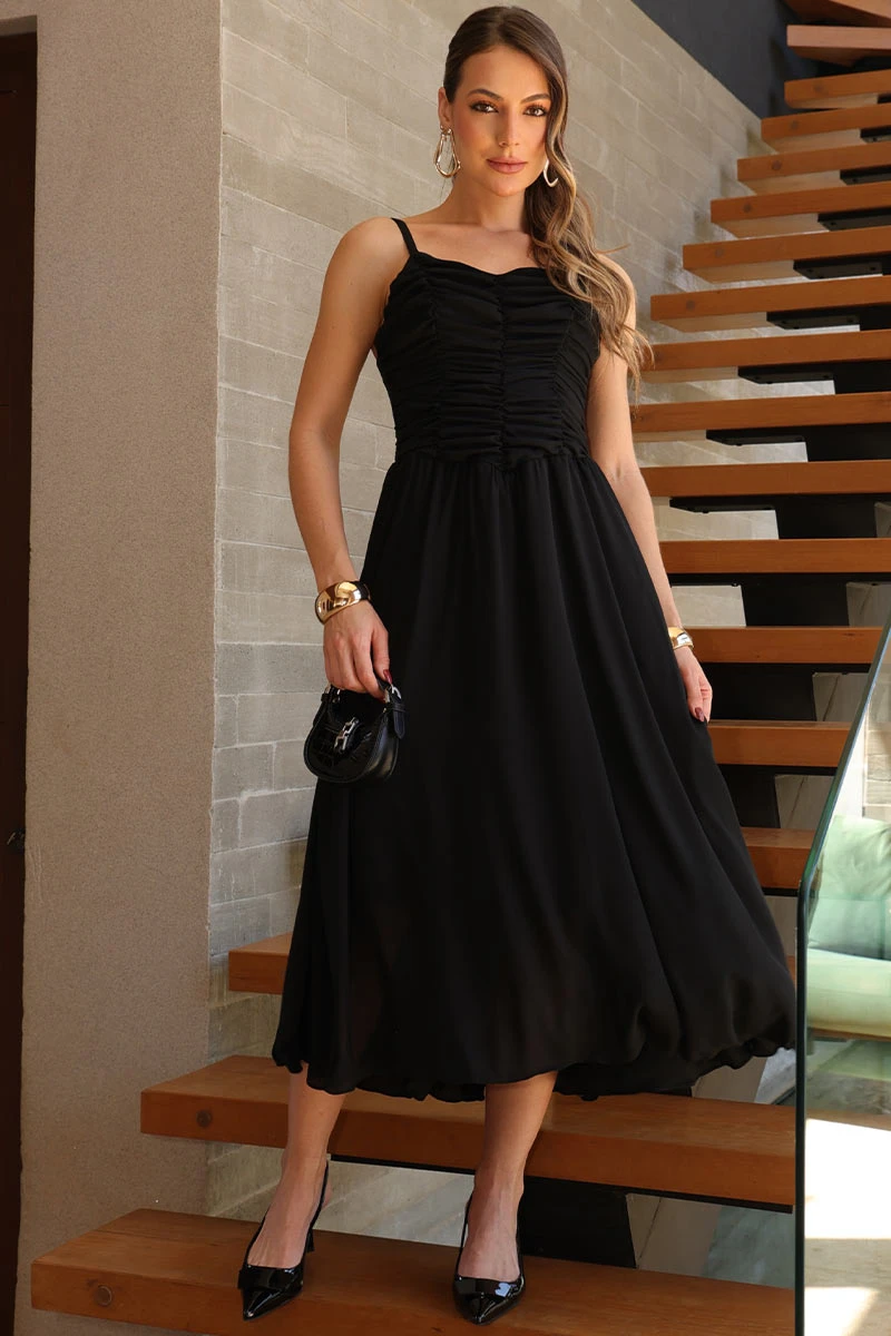 Miss Misses - Cristina Midi Crepe Dress with Gathered Bust, Black - 54651001 Miss Misses - Cristina Midi Crepe Dress with Gathered Bust, Black - 54651001
