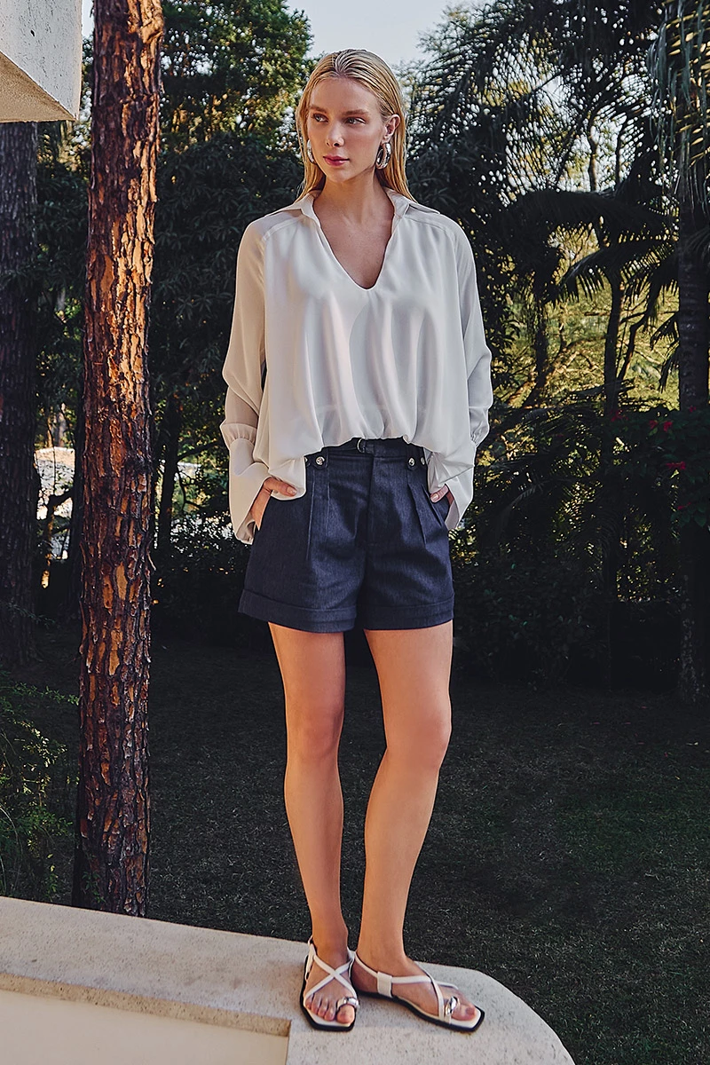 Dot Clothing - Dot Clothing Ayla Sarja Shorts with Blue Metal Button - 2820AZUL