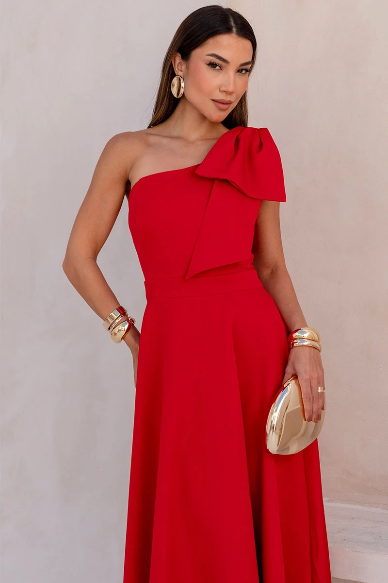 Miss Misses - Glaucia One Shoulder Dress with Red Bow - 54625024