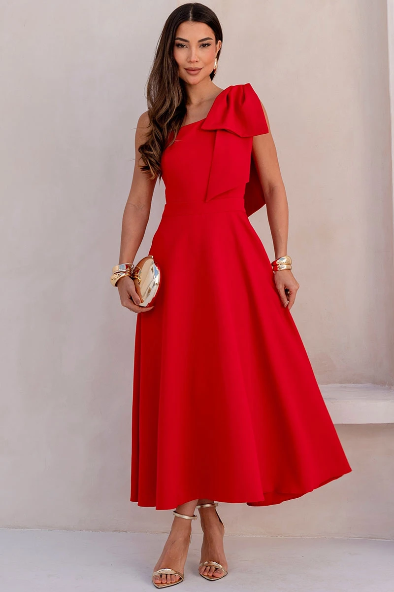 Miss Misses - Glaucia One Shoulder Dress with Red Bow - 54625024